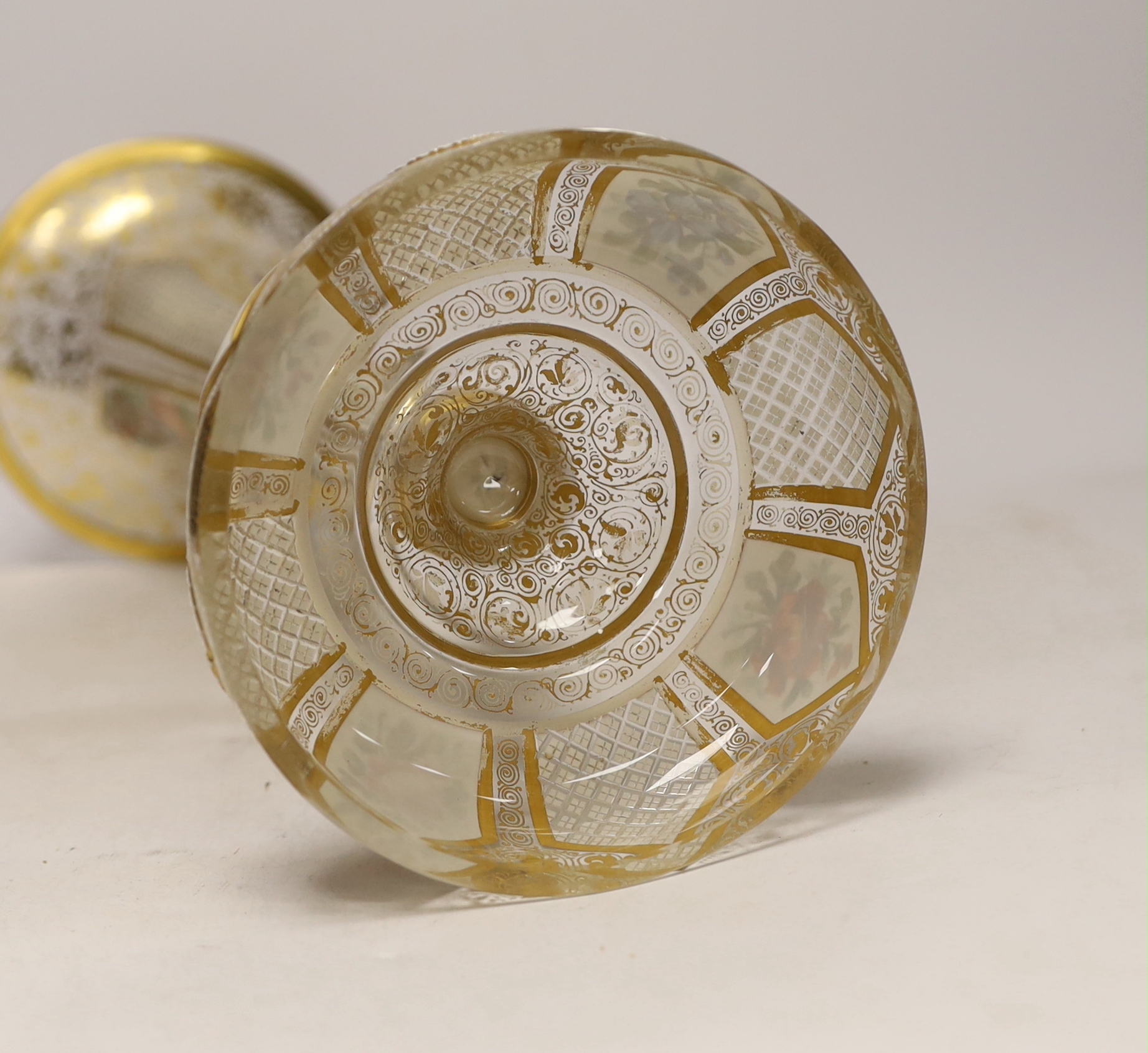A large late 19th century Bohemian gilt and enamelled glass trumpet shaped vase, 50cm